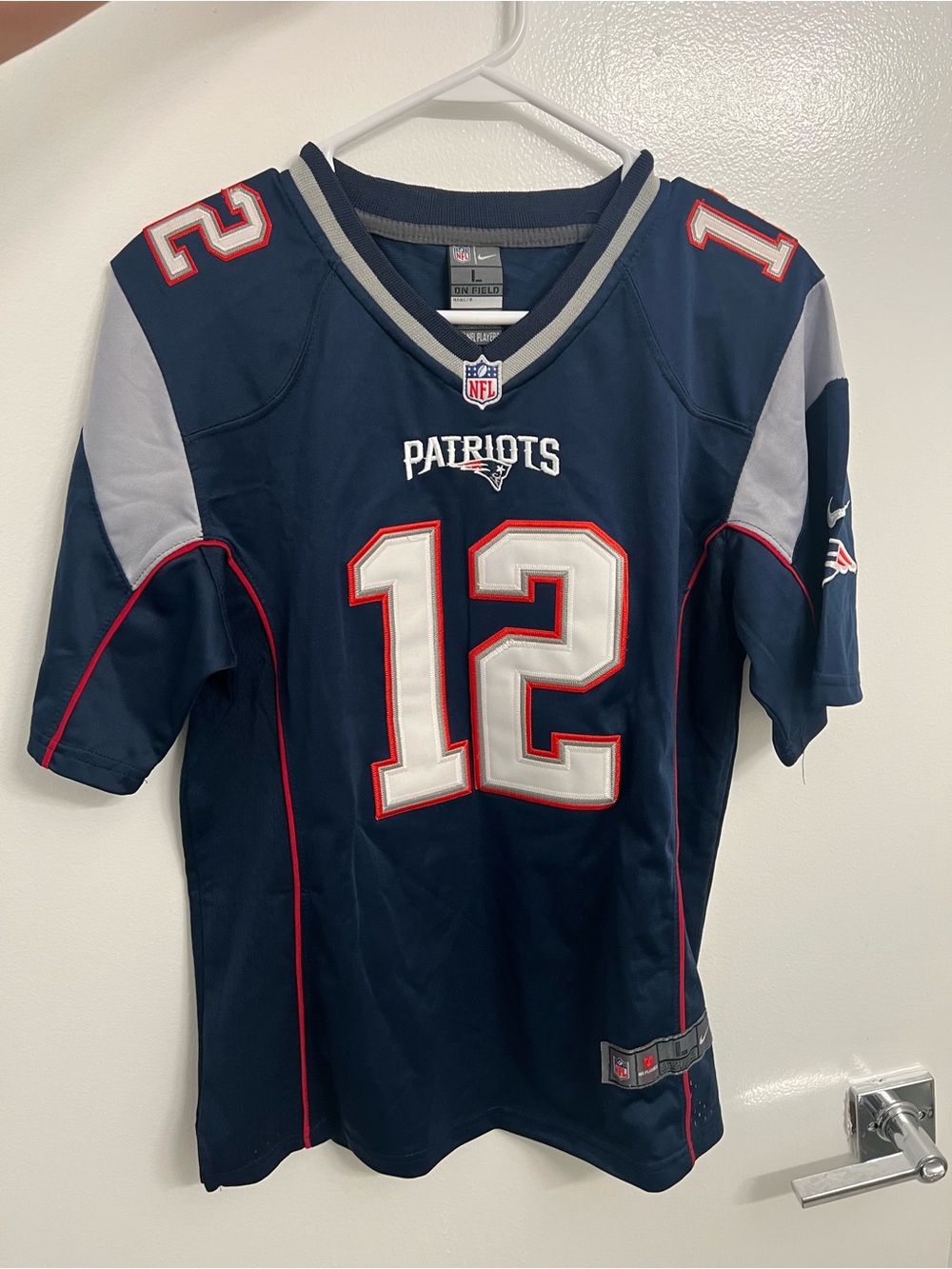 NFL Patriots Navy Blue, Red & White Football Jersey #12